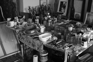 Paint and brushes at Damian Ebejer's studio.JPG
